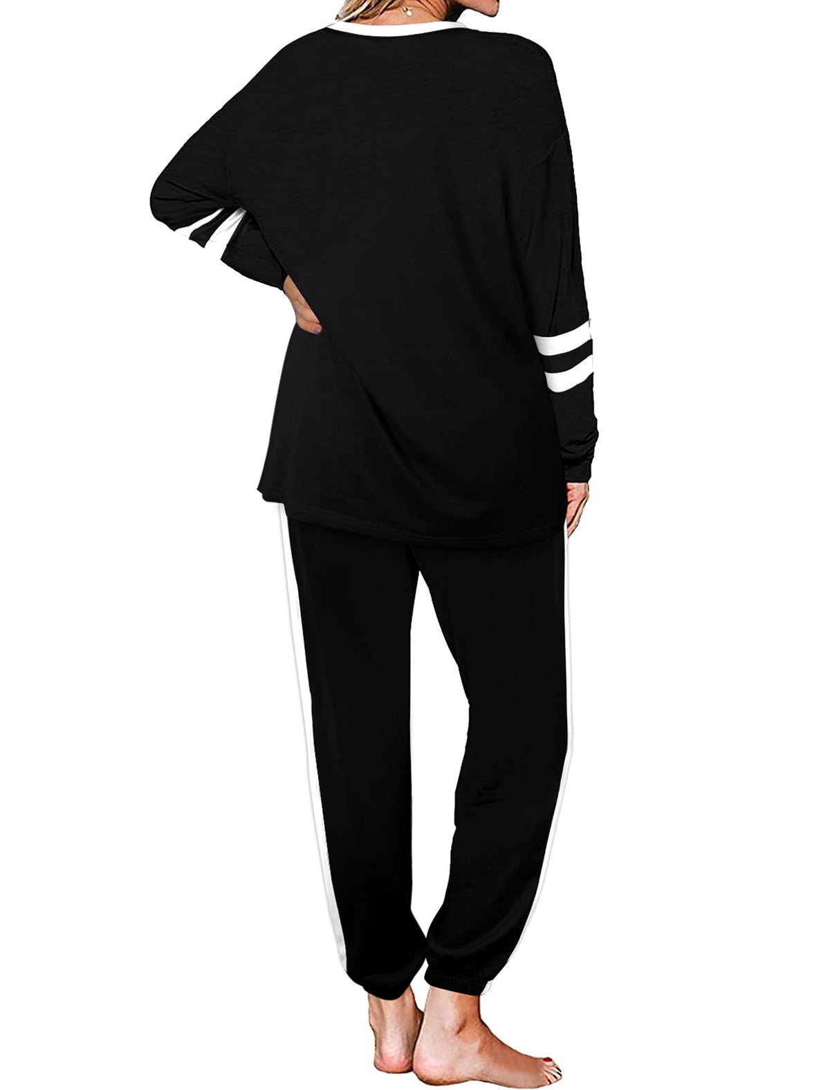 Aloodor Lounge Sets for Women Loungewear Set Casual Stripe Sleeve Tops Black XS