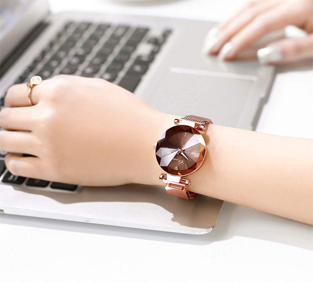 MASTOP Fashion Women Rose Gold Watch Japan Quartz Stainless Steel Magnetic Mesh Band Waterproof Ladies Watches (Brown)