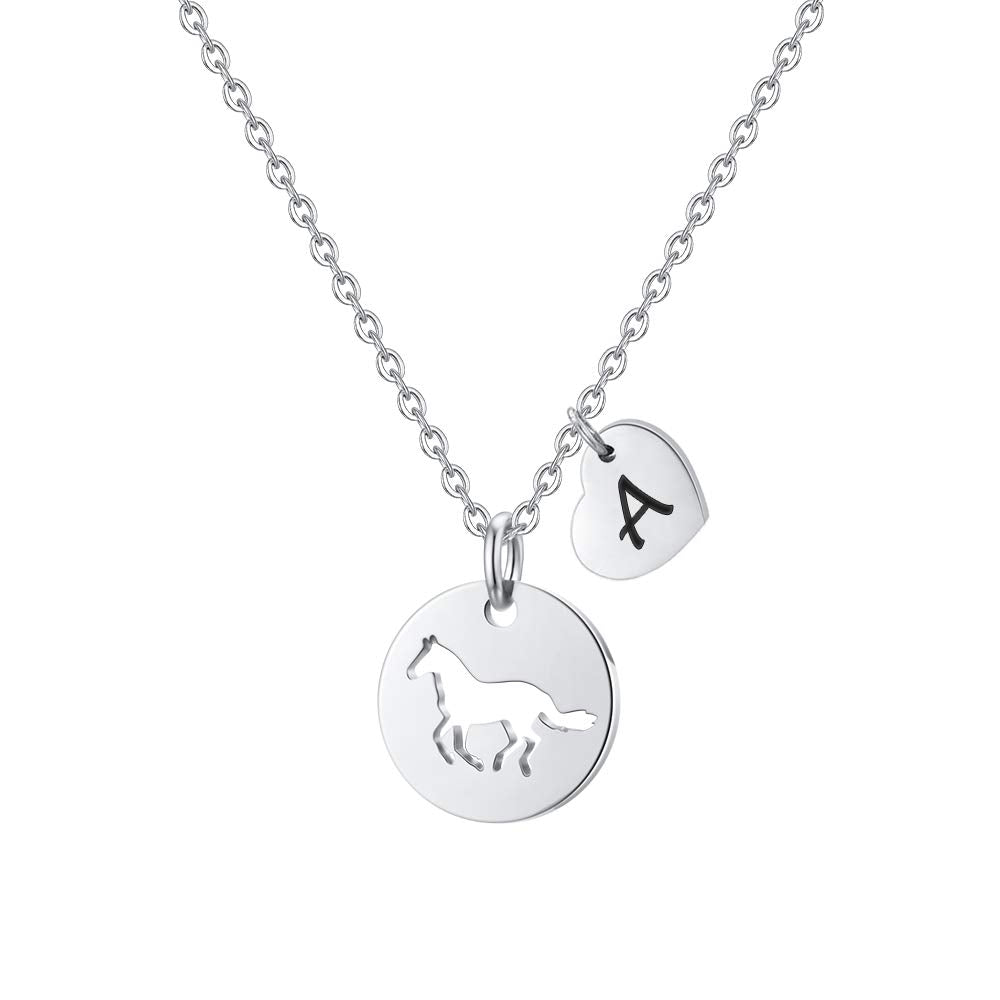 MONOOC Stainless Steel Horse Necklace for Girls, Circle Hollow Pendant with Initial, Adjustable 16'' Chain, Horse Gifts for Her