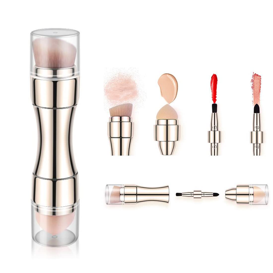 Bling Toman 4 in 1 Makeup Brush,Makeup Sponge,Blush Blending,Eyeshadow,Eyebrow&Liner Lip Face Foundation Mini Travel Brushes Retractable Brush Set (gold brush)