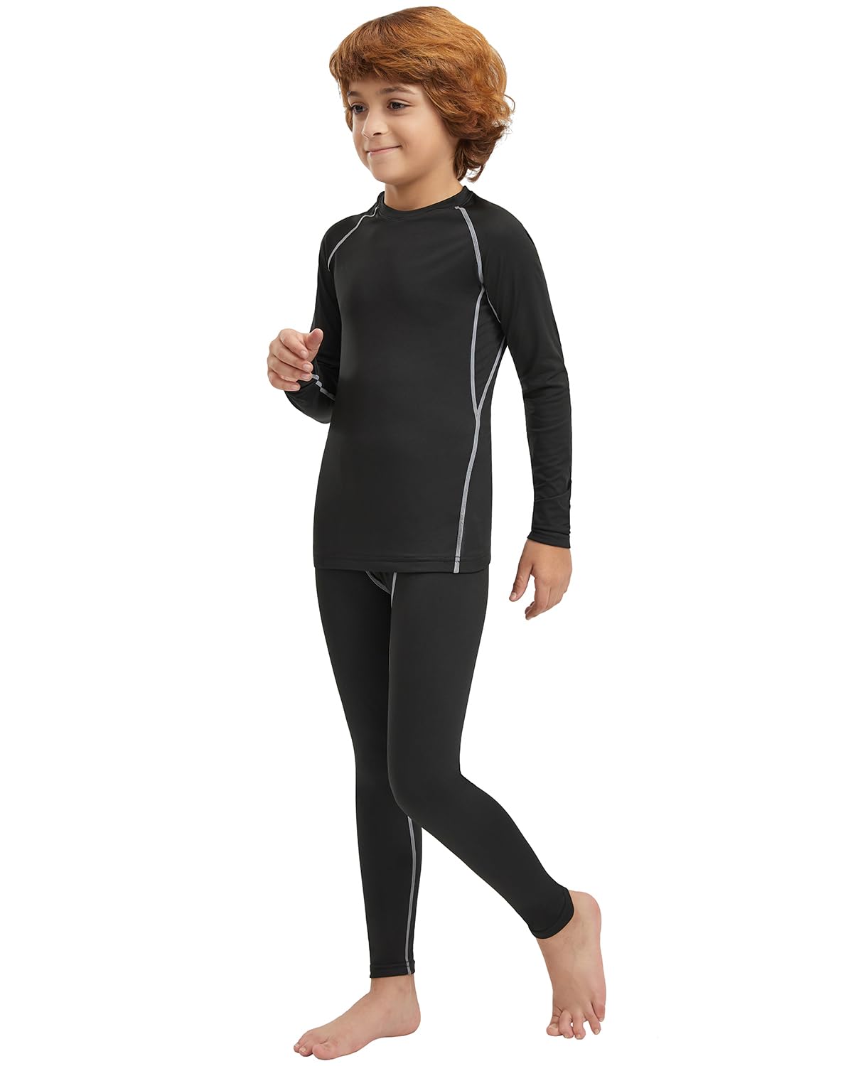 ATTIQOZI Youth Boys Thermal Underwear Set Compression Fleece Lined Leggings with Athletic Shirts Base Layer Football Undershirt 1,2 Pack Black/Deep Green L