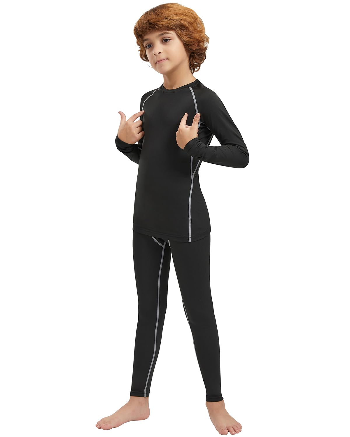 ATTIQOZI Youth Boys Thermal Underwear Set Compression Fleece Lined Leggings with Athletic Shirts Base Layer Football Undershirt 1,2 Pack Black/Deep Green L