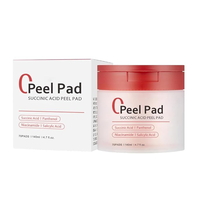 Succinic Acid Peel Pads 2.0, Dual-Textured Facial Toner Pads with AHA/BHA,Gentle Exfoliating Toner 𝐏ad- 70 Count (Red)