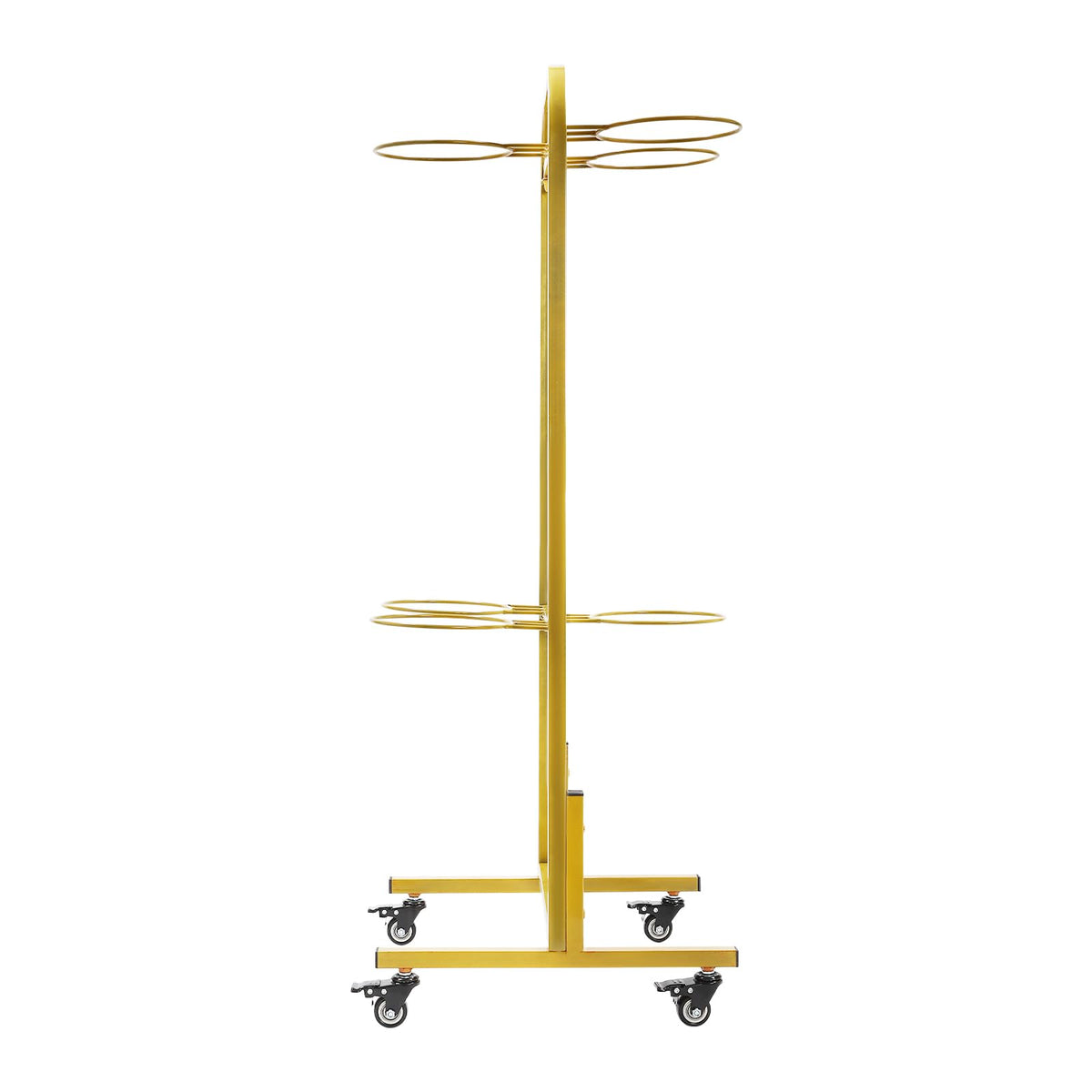 Nozue Flower Display Stand, 2Layers Metal Plant Stand with Wheels, with 6pcs Buckets, Portable Plant Moving Cart Frame for Indoor, Florist, Living Room (Gold - White Round Bucket)