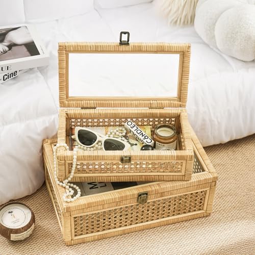 Rattan Decorative Box with Lid, Set of 2 Wicker Storage Baskets, Rectangular Woven Stacking Display Boxes with Glass Top, Large Natural Cane and Wood Storage Bins for Home Decor, Boho Shelf Organizer