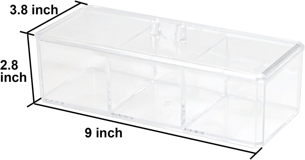 Clear Bathroom Dresser Organizer - Cotton Ball Swab Holder with 3 Divided Compartments&Lid, , Waterproof Transparent Small Plastic Storage Containers, Vanity Makeup Organization