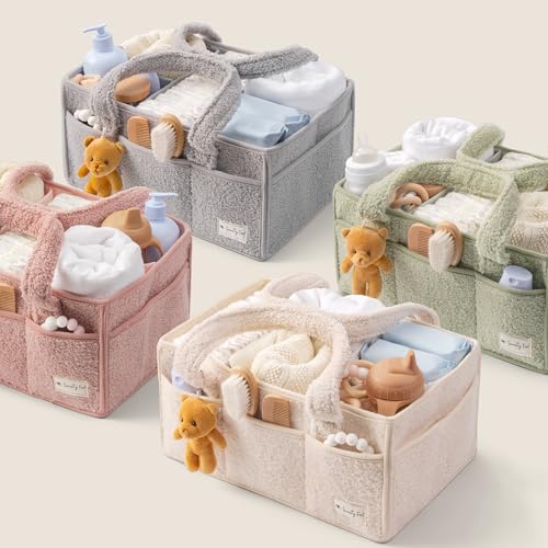 Sweety Fox Baby Diaper Caddy Organizer with Handle - Portable Sherpa Nursery Basket - Car Diaper Organizer, Cleaning Caddy, Gift for Baby Shower - Grey