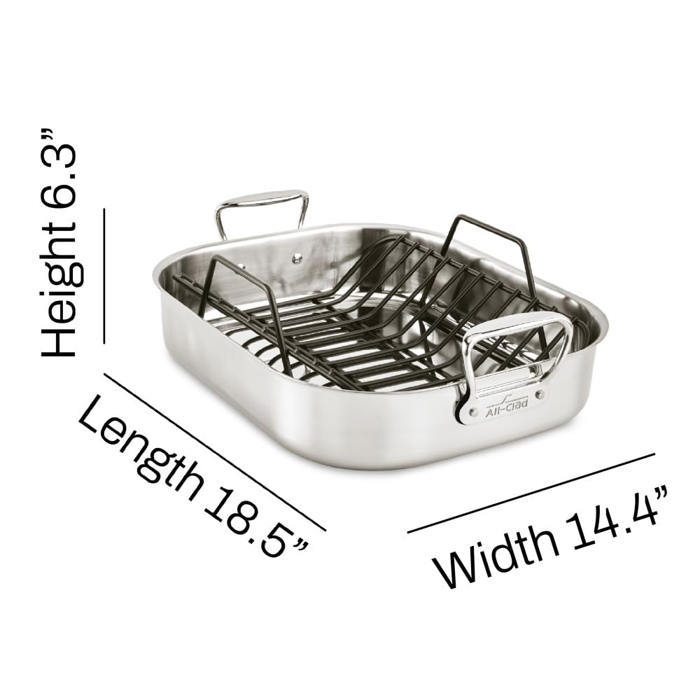 All-Clad Specialty Stainless Steel Roaster and Nonstick Rack 16x13x5 Inch Oven Broiler Safe 600F Roaster Pan, Pots and Pans, Bakeware, Turkey, Silver