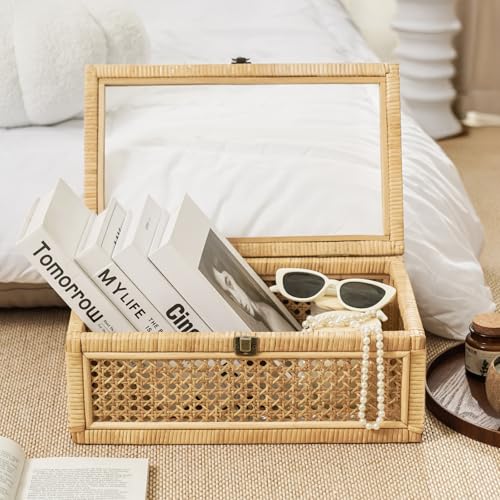 Rattan Decorative Box with Lid, Set of 2 Wicker Storage Baskets, Rectangular Woven Stacking Display Boxes with Glass Top, Large Natural Cane and Wood Storage Bins for Home Decor, Boho Shelf Organizer