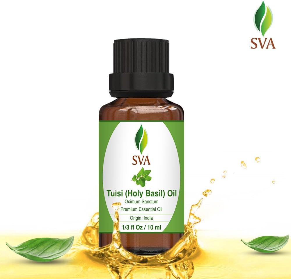 SVA Holy Tulsi Essential Oil – 1/3 Fl Oz – 100% Natural Tulsi Oil - for Diffuser, Hair Care, Face, Skin Care, Aromatherapy, Scalp and Body Massage, Soap and Candle Making