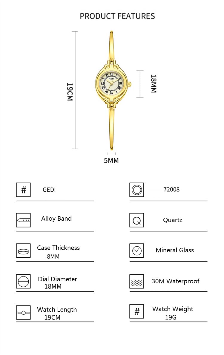 Gosasa Classic Vintage Bangle-Style Women's Watch with Small Dial and Thin Strap Elegant Dress Analog Ladies Wristwatch Fashion Waterproof Quartz Women Gold Watch (Gold)