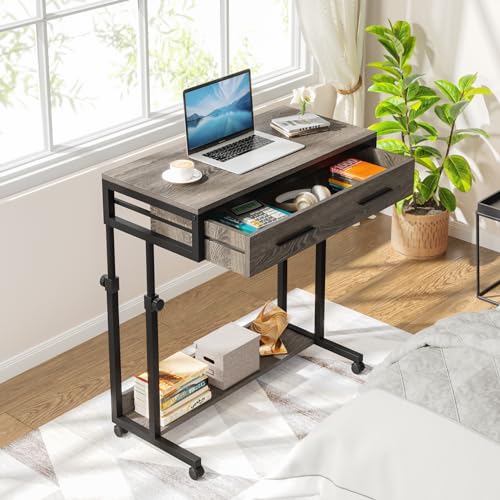 LITTLE TREE Portable Computer Desk with Wheels, Mobile Laptop Desk Table Standing Desk, Small Portable Desk Bed Desk with Drawers for Home Office (Grey, Adjustable Height 27.5'' to 41.3'')