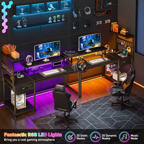 EnHomee 48" Reversible Computer Desk with Power Outlets & LED Lights,Home Office Desk with Drawers & Storage Shelves, Gaming Desk with Monitor Stand for Living Room, Gaming Room,Black