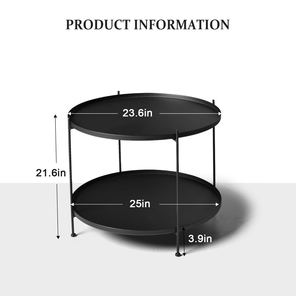 Lisuden Modern Metal End Table, Round Side Table Indoor/Outdoor, Living Room Small Coffee Table (Black, 2-Tier 23.6")