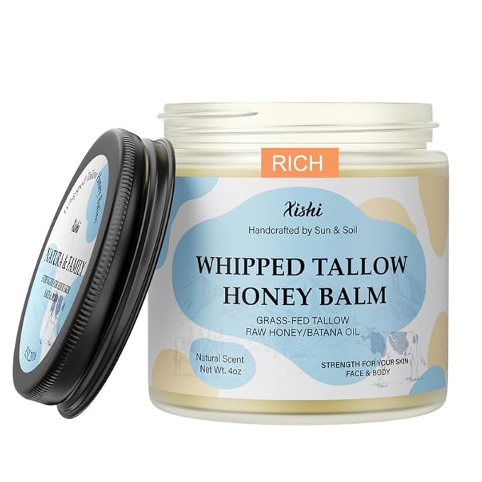 Xishi Beef Tallow for Skin, Grass-Fed Beef Tallow and Honey Balm with Raw Honey and Batana Oil, Fac & Body Moisturizer for Dry, Sensitive, Oily Skin, 4 Oz, Rich