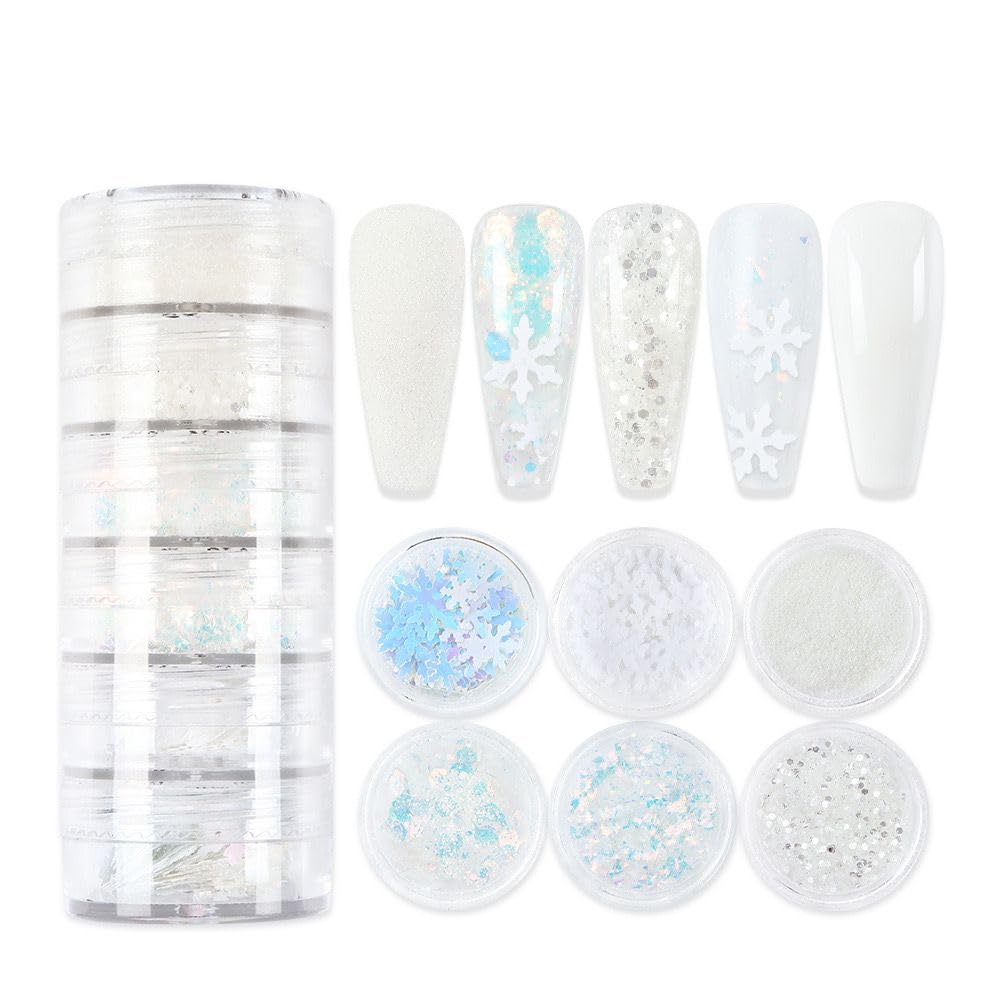 Christmas Nail Art Glitters Sequins, 12Boxes Winter Nail Art Decoration Flakes 3D Snowflake Nail Decals Red Green Nails Art Designs Holographic Christmas White Snowflake Glitters for Nails Decorations