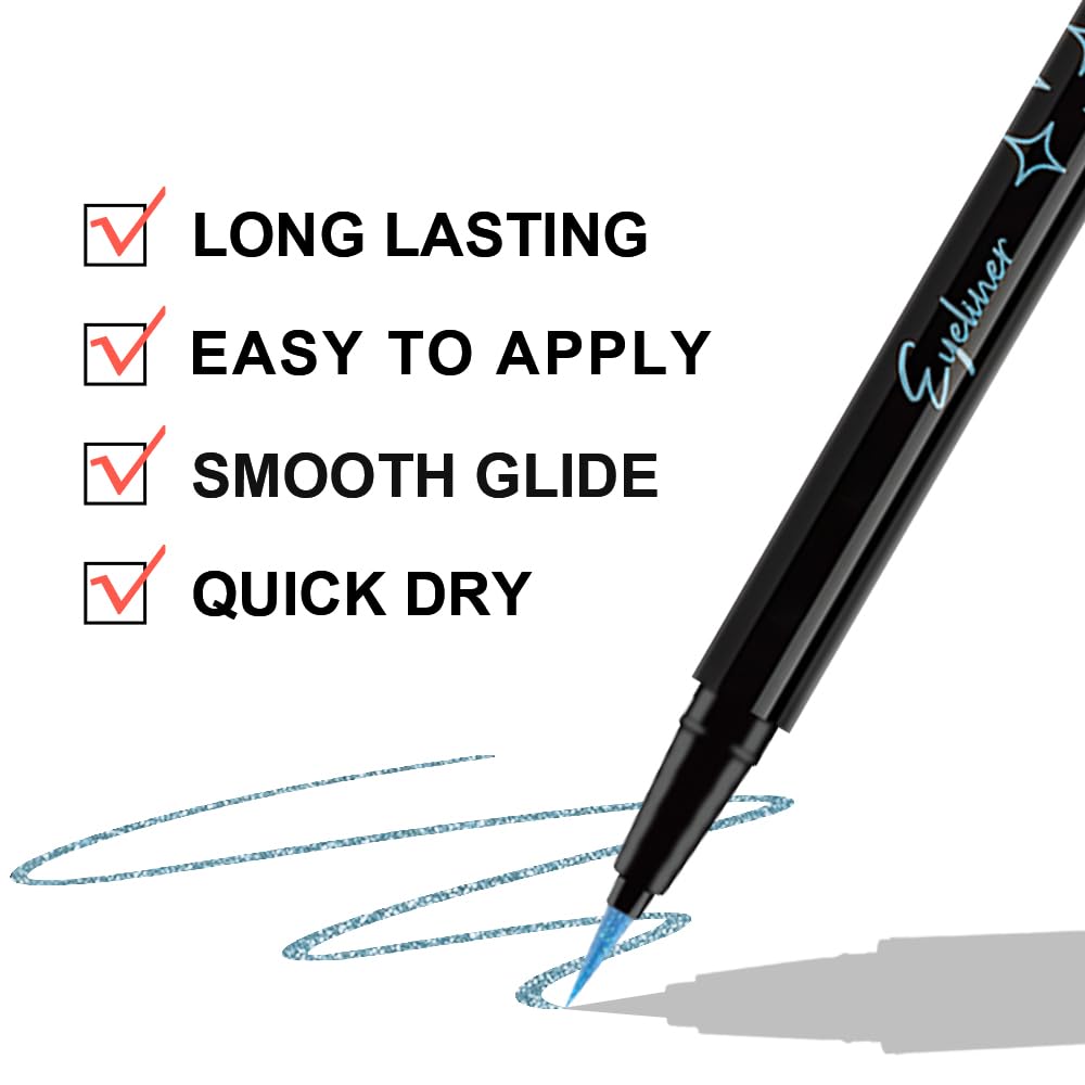 evpct 2Pcs Blue Glitter Shimmer Liquid Eyeliner Eye Makeup Pencil Pen, Pearl Blue Chrome Eyes Liner Face Glitter Makeup Fake Eyelashes Mascara Accessories, Sparkle Metallic Eyeliner Pen Waterproof
