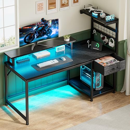 EnHomee 48" Reversible Computer Desk with Power Outlets & LED Lights,Home Office Desk with Drawers & Storage Shelves, Gaming Desk with Monitor Stand for Living Room, Gaming Room,Black