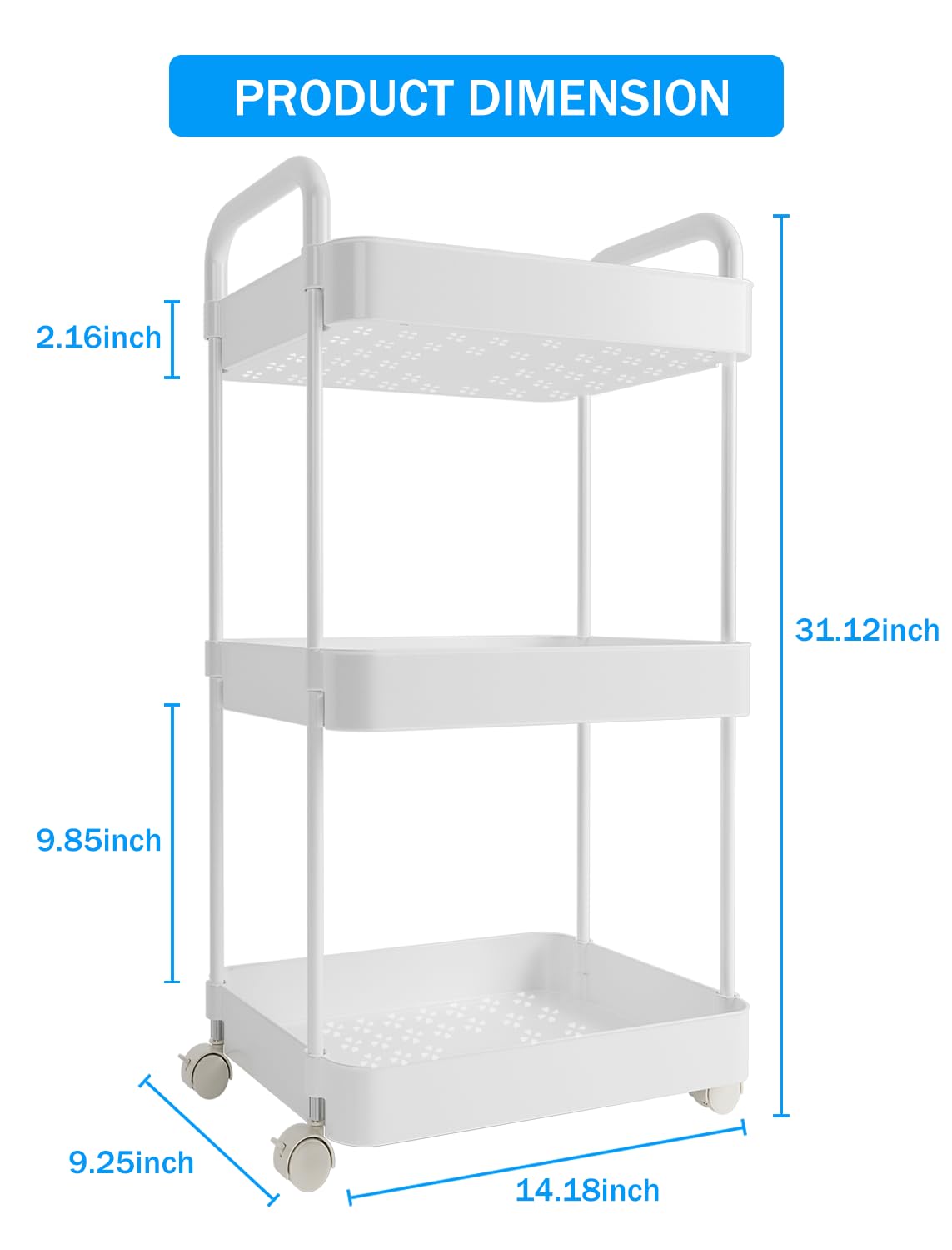 Volnamal Diaper Caddy Organizer, 3-Tier Movable Diaper Cart with Wheels, Newborn Essentials Must Haves, Diaper Caddy for Wipes & Diapers, Baby Registry Search - Plastic White