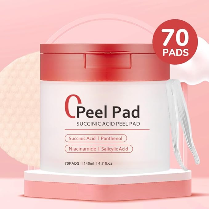Succinic Acid Peel Pads 2.0, Dual-Textured Facial Toner Pads with AHA/BHA,Gentle Exfoliating Toner 𝐏ad- 70 Count (Red)