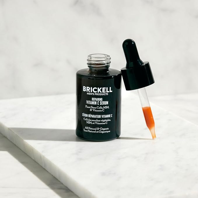 Brickell Men's Anti Aging Vitamin C Serum For Face, Repairing Night Facial Serum for Men, Natural and Organic Hyaluronic Acid Serum For Face to Diminish Wrinkles and Reduce Redness, 1 Ounce, Scented