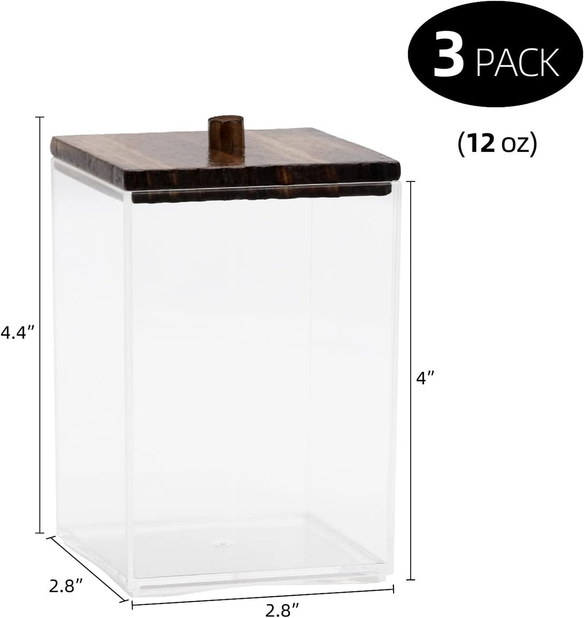 Tbestmax 3 Pack Qtip Holder - 12 oz Bathroom Organizer and Storage Containers, Plastic Square Apothecary Jars with Black Bamboo Lids for Cotton Ball, Cotton Swab, Floss
