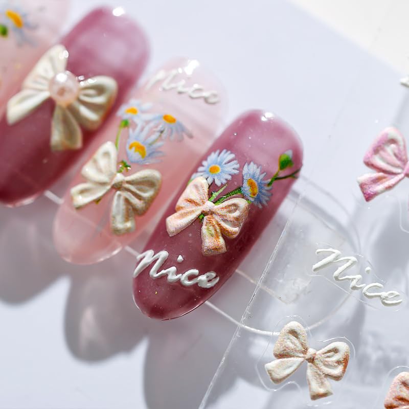 Bow Nail Stickers 5D Embossed Nail Art Decals Self-Adhesive Pink White Bows Nail Art Stickers for Women Girls Kids Nail Supplies Accessories