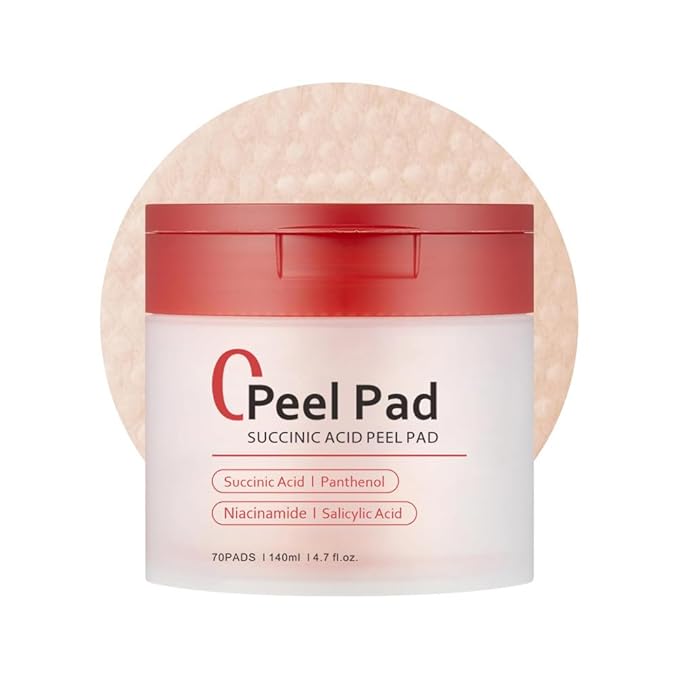 Succinic Acid Peel Pads 2.0, Dual-Textured Facial Toner Pads with AHA/BHA,Gentle Exfoliating Toner 𝐏ad- 70 Count (Red)
