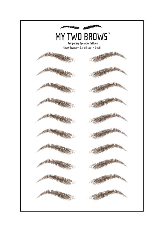 (10 pairs) Dark Brown Temporary Eyebrow Tattoo - Small Size - Waterproof & Smudgeproof - Sassy Swerve Style Eyebrow Stickers - Sheet Lasts up to 30 Days - Won't Work on Existing Brows