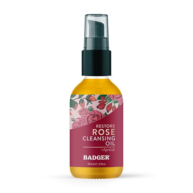 Badger Rose Face Cleansing Oil, Organic Facial Cleanser & Makeup Remover, Non-Greasy Moisturizing Skin Balancing Gentle Face Cleanser w/Pure Rose Oil, 2 fl oz Glass Bottle