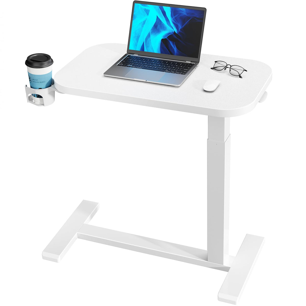 HUANUO Bedside Table with Wheels, Height-Adjustable Rolling Computer Cart, Overbed Table with Cup Holder, Pneumatic Laptop Standing Desk for Home Office, White (27.6" x 15.7")