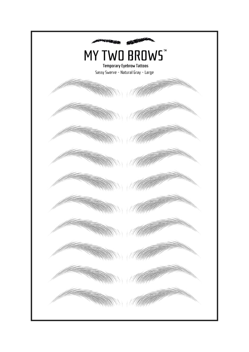 (10 pairs) Natural Gray Temporary Eyebrow Tattoo - Large Size - Waterproof & Smudgeproof - Sassy Swerve Style Eyebrow Stickers - Sheet Lasts up to 30 Days - Won't Work on Existing Brows
