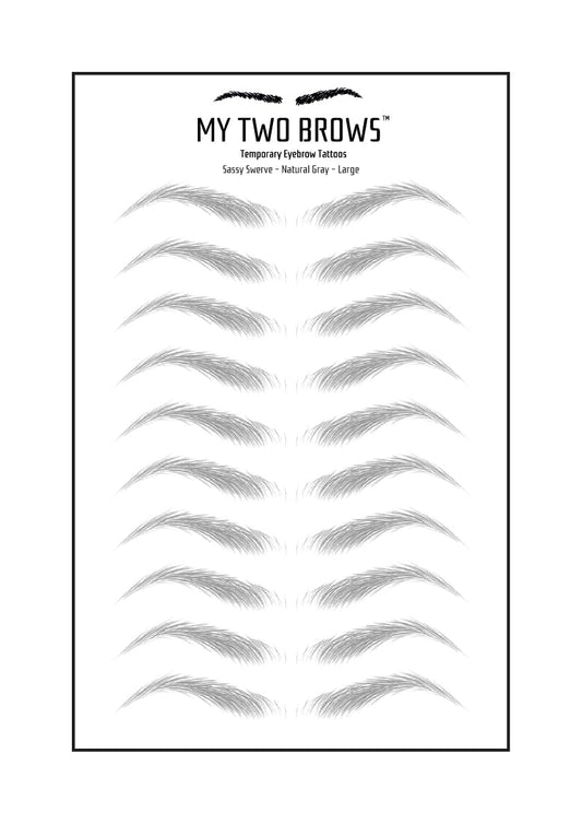 (10 pairs) Natural Gray Temporary Eyebrow Tattoo - Large Size - Waterproof & Smudgeproof - Sassy Swerve Style Eyebrow Stickers - Sheet Lasts up to 30 Days - Won't Work on Existing Brows