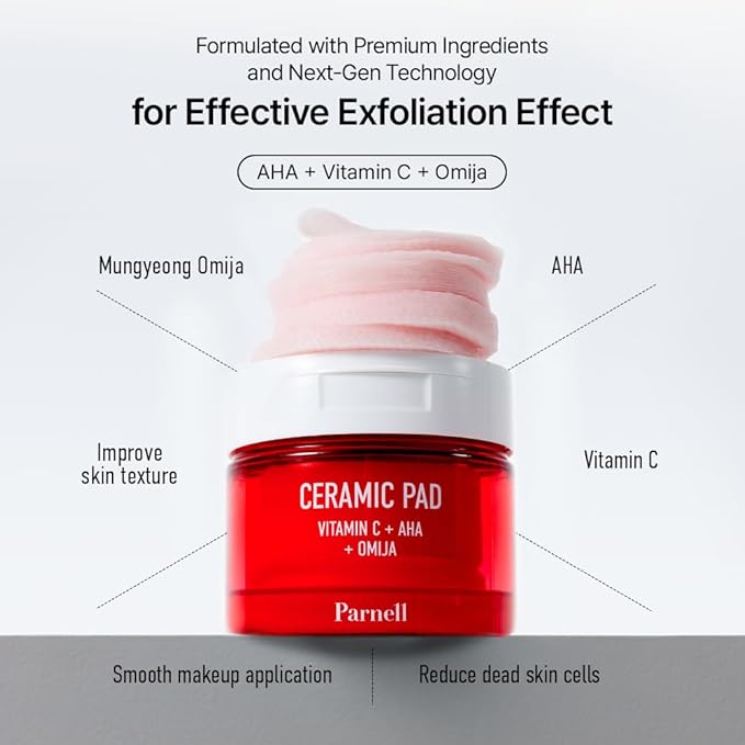 Parnell AHA 9.12% Omija Ceramic Peeling Pads (60 Count) | Gentle Daily Exfoliating Toner Pad with LHA PHA Vitamin C | Smooth Glowing Korean Skin Care