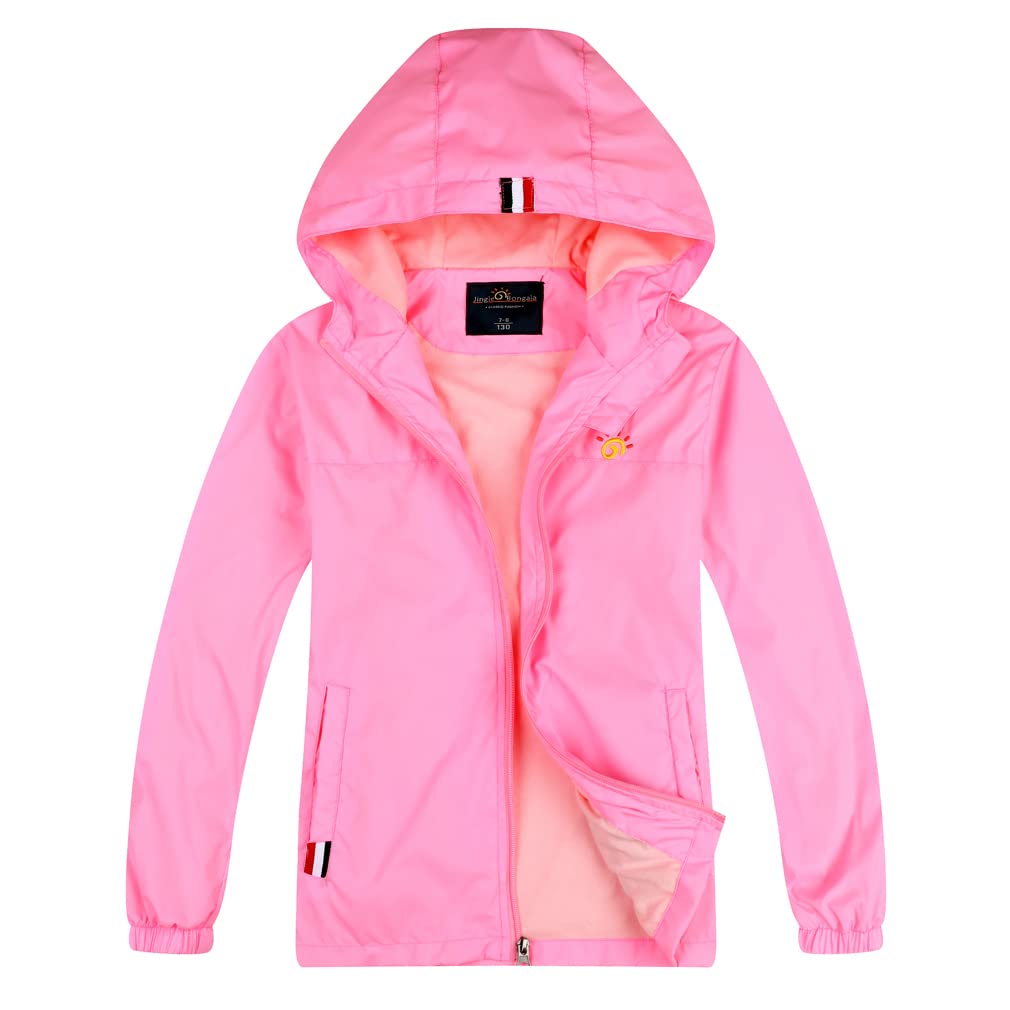 Jingle Bongala Boys Girls Lightweight Breathable Raincoat Waterproof Hooded Rain Jacket Windbreaker Easy to Fold-Peach Pink-140