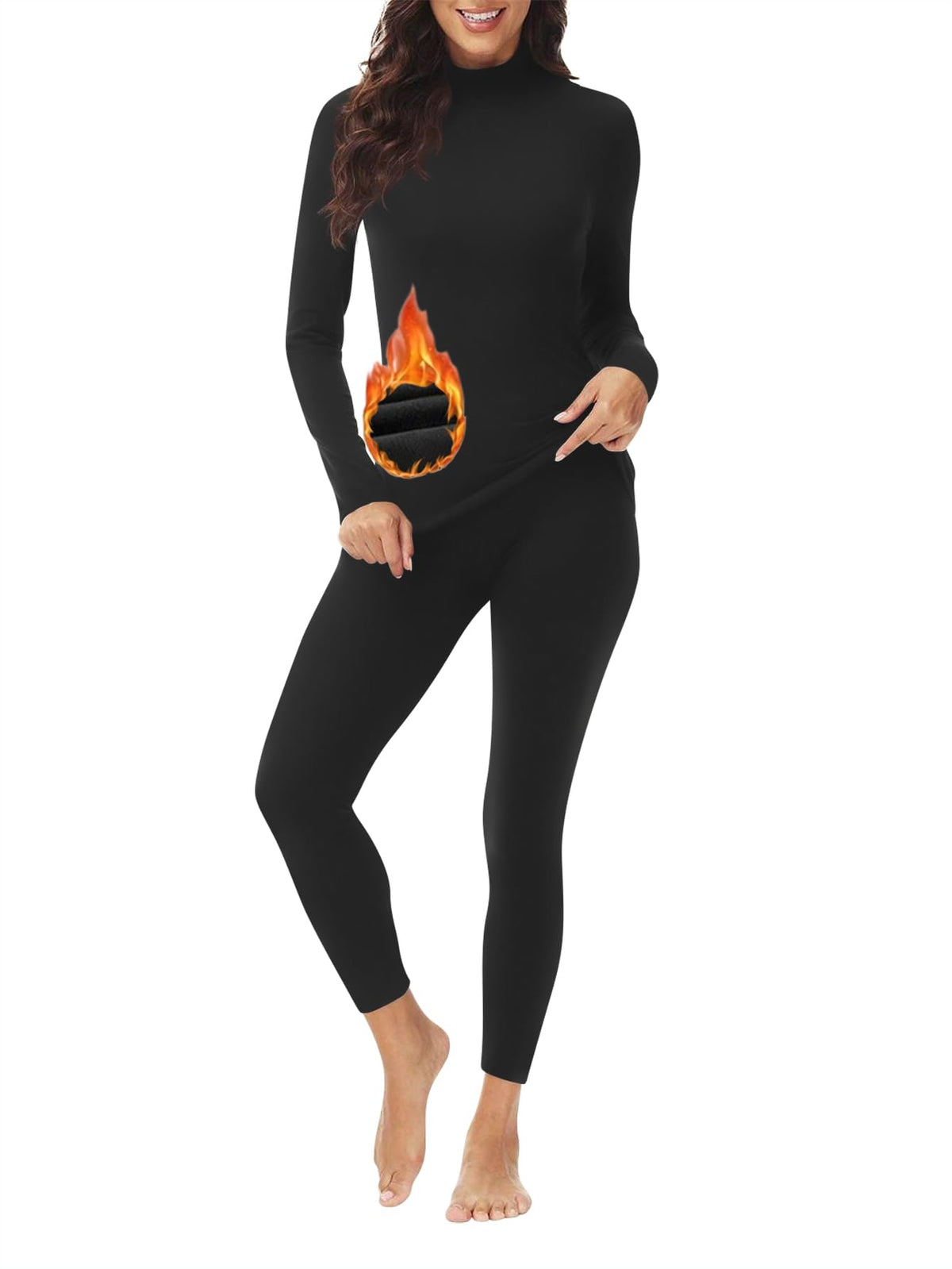 JOLLYBUYER Women's Mock Neck Thermal Underwear Winter Fleece Ultra-Soft Warm Base Layer Set Black