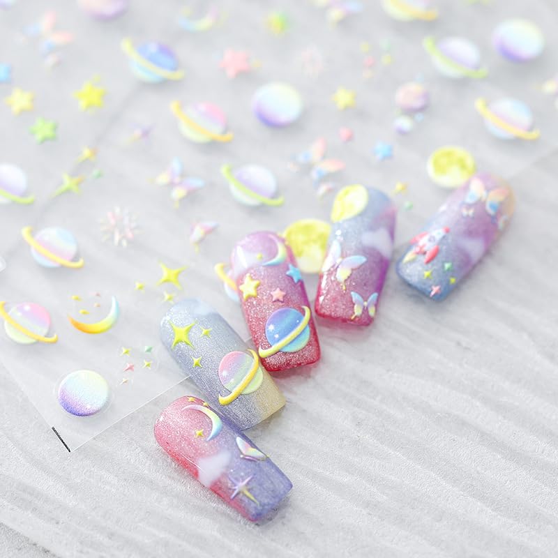 5D Embossed Galaxy Nail Art Stickers Self-Adhesive Nail Stickers for Nail Art Colorful Space Planet Nail Art Decals for Women Girls Kids Nail Supplies Accessories (1, Colorful Planet)
