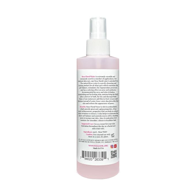 Well's Oil Rosewater Mist Spray (8 Fl oz) – Hydrates, Soothes & Refreshes | 100% Natural | No Chemical | for All Skin and Hair Types (Pack of 2)