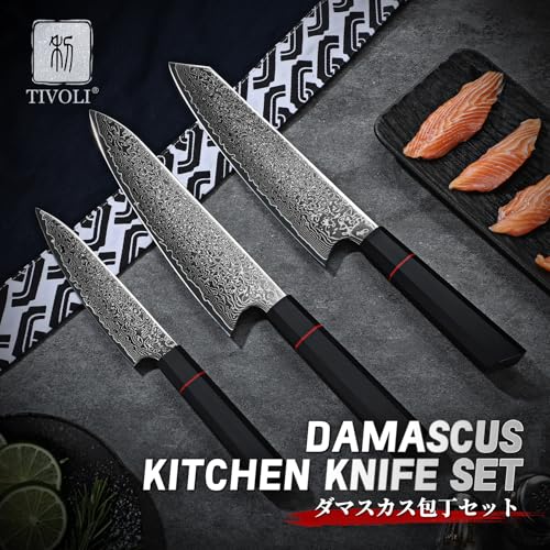 TIVOLI Damascus Knife Set 3PCS, Japanese Kitchen Knife With VG10，Ultra Sharp Cooking Knife Set With Octagonal Handle，Professional Chef Knives Set for Meat Vegetable Fruit, Ideal Gift for Dad，Mom