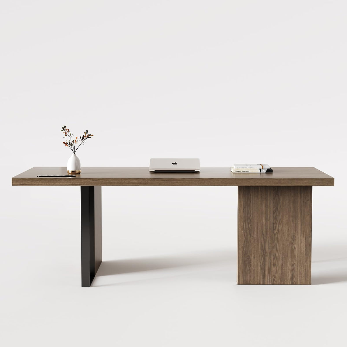 MesaSync 60-Inch Large Executive Desk, Modern Minimalist Wooden Computer Office Desk Workstation with Extra Thick Tabletop and Built-in Power Outlet, Business and Home Office