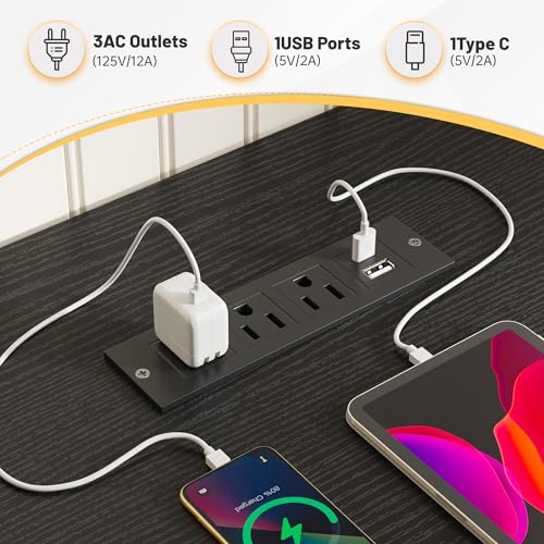 EnHomee 48" Reversible Computer Desk with Power Outlets & LED Lights,Home Office Desk with Drawers & Storage Shelves, Gaming Desk with Monitor Stand for Living Room, Gaming Room,Black