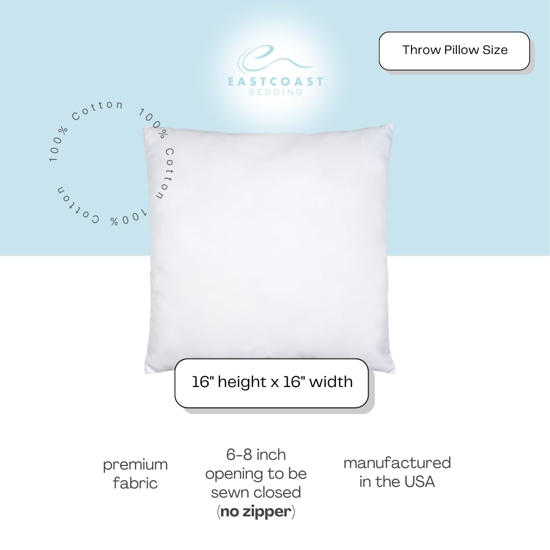 East Coast Bedding | 100% Cotton Replacement Pillow Shell | DIY Pillow Casing | Empty Cover for Custom Filling | Sew-to Close Design | 250TC, 16x16 inch, Solid White