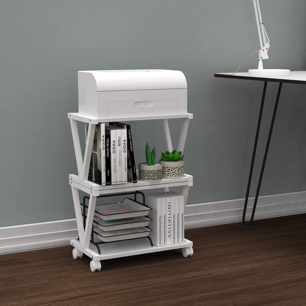 VEDECASA Retro Desktop Printer Stand 2 Double Tiers Wood Printer Shelf Modern White Wood Storage Book Shelf Organizor for Home Office Stylish Sturdy V Shaped (White)