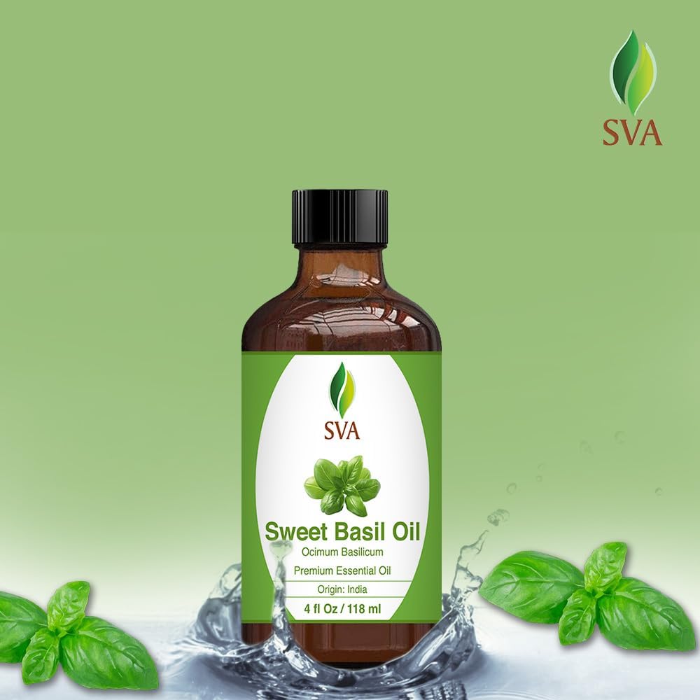 SVA Sweet Basil Essential Oil – 4 Fl Oz – 100% Natural Basil Oil - for Diffuser, Hair Care, Face, Skin Care, Aromatherapy, Scalp and Body Massage, Soap and Candle Making – with Dropper