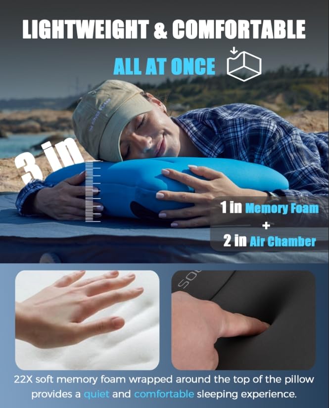 KingCamp Camping Pillow, Extra Large Inflatable Travel Pillow with Air Chamber & Removable Memory Foam Cover Lightweight & Super Comfort for Tent Road Trip Airplane Sleeping Solution Backpacking