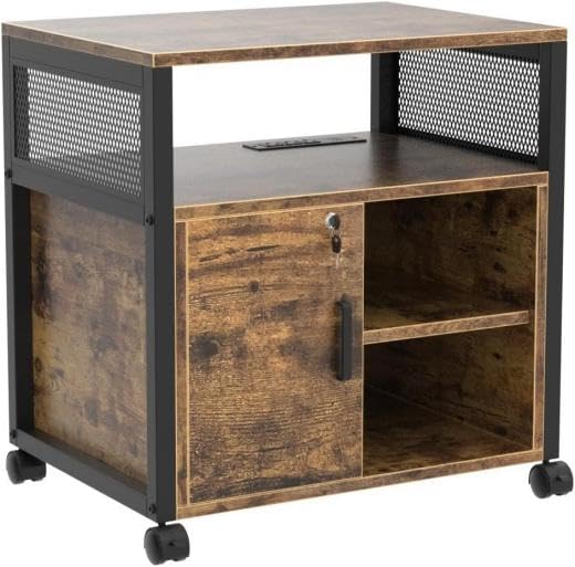 URLINE Lateral File Cabinet, Locking Office Filing Cabinets with Socket and USB Charging Port,printer cart with storage，Modern Rolling Printer Stand with Storage for Printer Scanner Fax，Brown