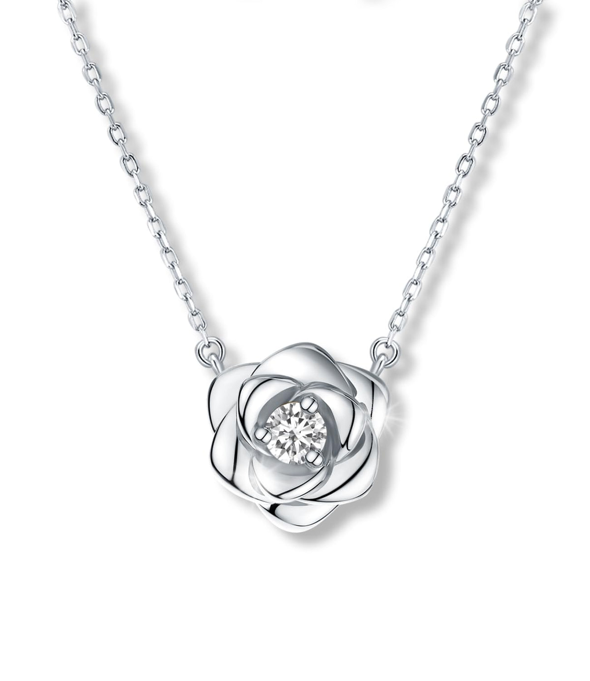 Rose Flower Necklace White Gold Plated Sterling Silver Pendant Jewelry for Women, Hypoallergenic & Nickel Free