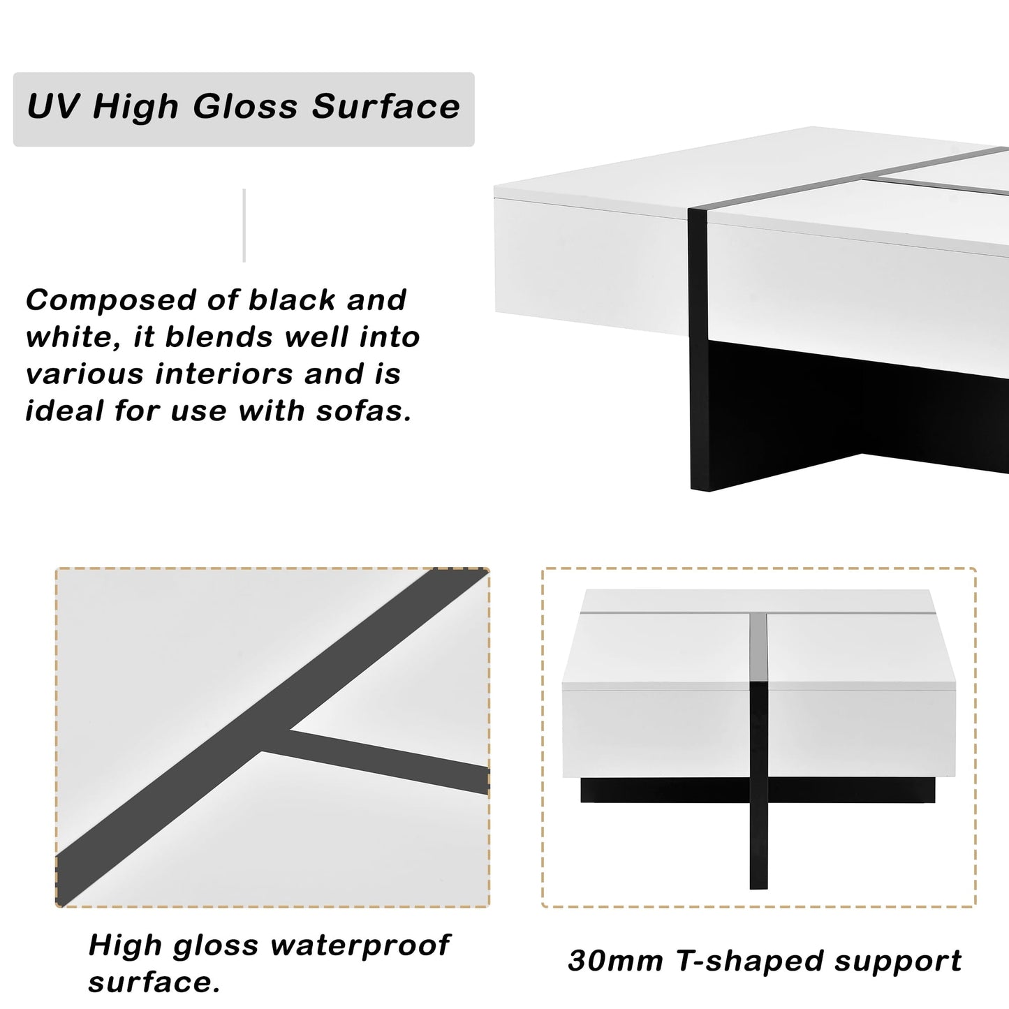 Dovelina Contemporary Rectangle Coffee Table with High Gloss Surface, Modern Center Table for Sofa or Upholstered Chairs, 45.2" x 25.5" x 13.7", White