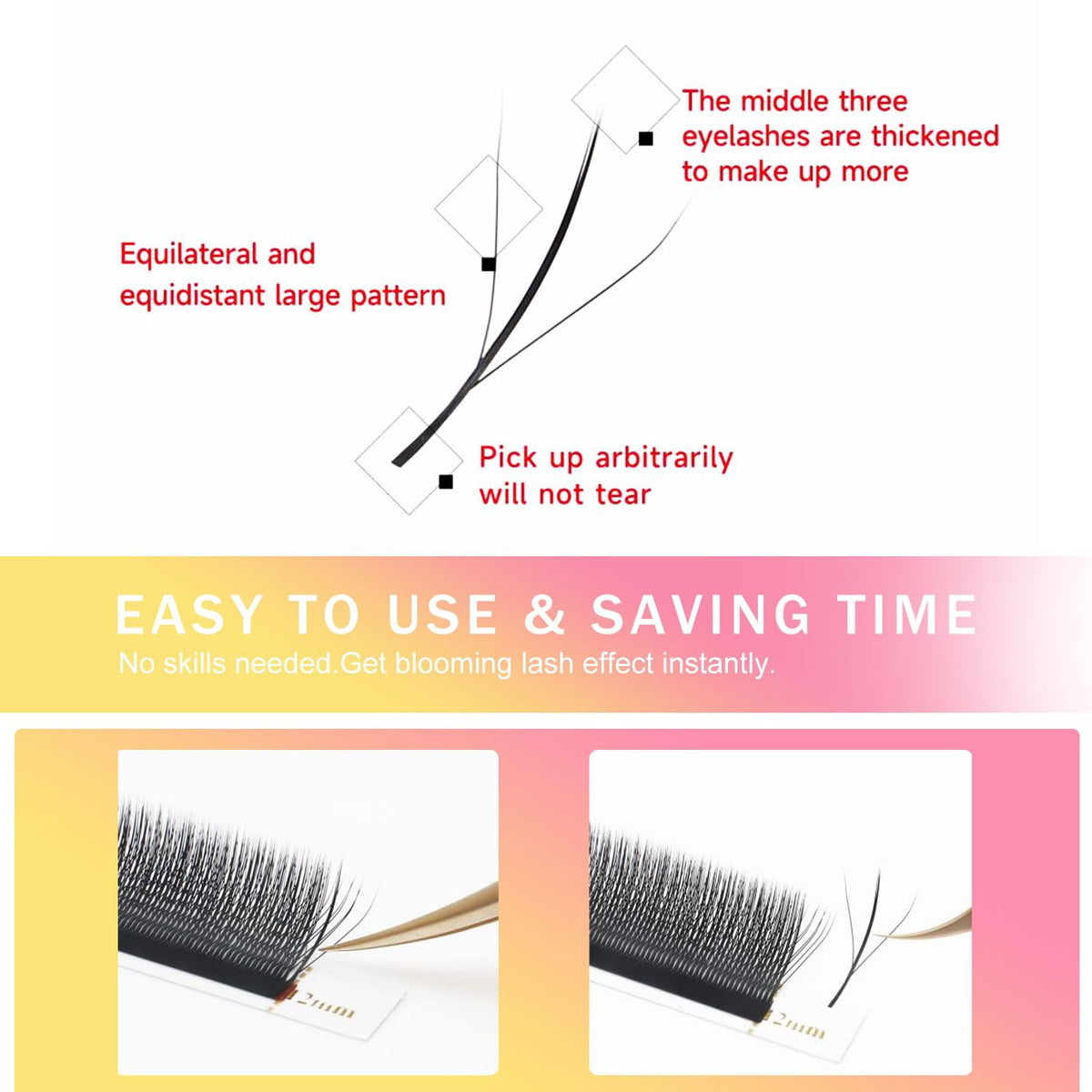 Lash Extensions Three Core Tips 3D Eyelash Extensions W Shape 0.07mm Thickness C Curl 14mm Premade Fans Easy Fan Volume Lashes Matte Black Crisscross(W-3D-Three Core-0.07-C,14mm)