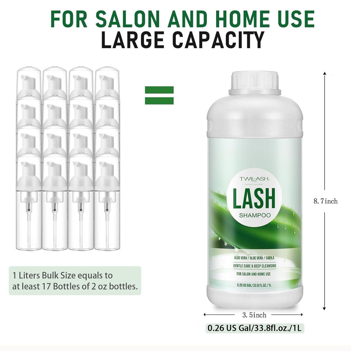 Lash Shampoo Bulk, Eyelash Cleanser for Extensions 1 Liter, Safe Makeup Remover, Non-irritating or Burning Formula Eyelid Foaming Cleanser for Professional Salon and Home Use (Aloe Vera-1L)
